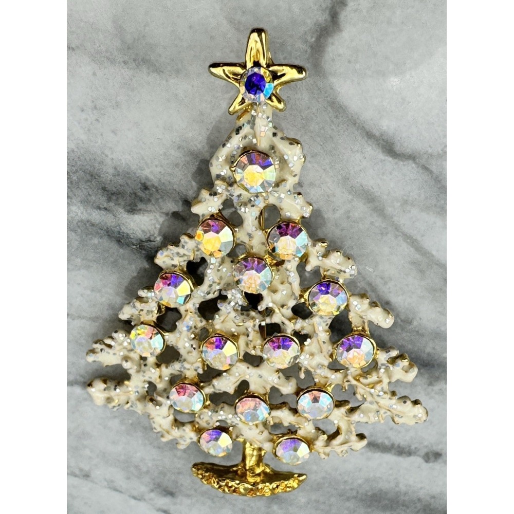 Christmas Tree Brooch White Enamel AB Rhinestone Gold Tone Pin